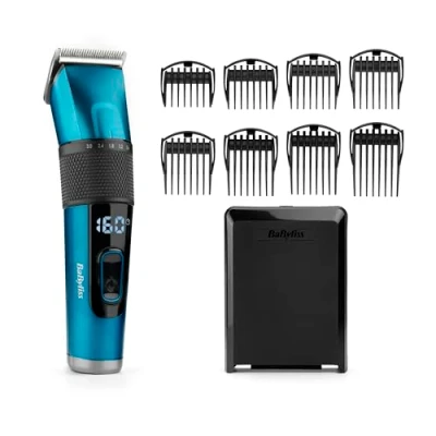 Obrázek BaByliss Japanese Steel Digital Haarschneider E990E mit 45 Längeneinstellungen durch Drehrad und 8 Kammaufsätzen, kabellos, 160 Minuten Laufzeit, Blau, 1 Stück (1er Pack)