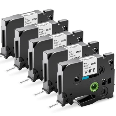Obrázek Upwinning kompatibilní Brother P touch pásky 9 mm TZe 221 TZe221 AZe 221, náhradní Label Tape kazeta 9mm x 8m černá na bílé pro PTouch H100r H105 900 1000 1005 1010, balení 5