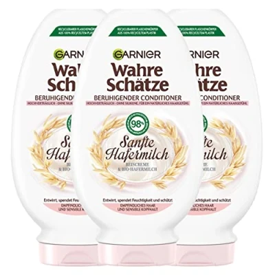 Obrázek Garnier Wahre Schätze Zklidňující kondicionér Jemné ovesné mléko, rozčesává a hydratuje, pro citlivé vlasy citlivou pokožku hlavy, 3 x 200 ml