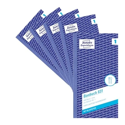 Obrázek AVERY Zweckform 831 5 bonusů (105 x 198 mm, 1 500 bonů s číšničkou č. 1, listem modrého papíru a každý průrazek, bloků po 300 kusech, ideální pro gastronomickou potřebu) růžová/bílá