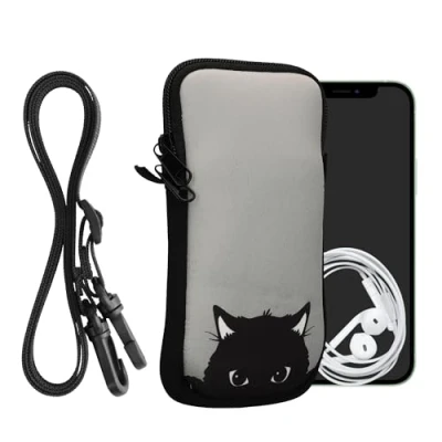 Obrázek kwmobile pouzdro na mobil pro smartphony XXL 7&quot; neoprenové šedé černé s řetízkem 17,7 x 8,5 cm vnitřní rozměry zvědavá kočka