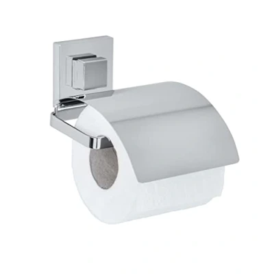 Obrázek WENKO Nástěnný držák toaletního papíru Vacuum Loc Quadro s obalem, na toaletní papír, upevnění bez vrtání, nerezová ocel, 13 x 11,5 14 cm, lesklý