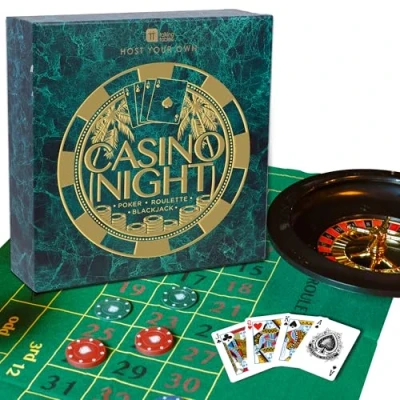 Obrázek Talking Tables Casino Night Game Kit Play Poker, Blackjack, ruleta sada hazardních her pro dospělé, dárky něj obsahuje hrací podložku, chipsy, peníze, míče, karty