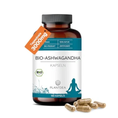 Obrázek Bio kapsle Ashwagandha I 3000 mg denní dávka vysoké dávky 180 kapslí laboratorně testováno prášek veganský přípravek bez přísad PlantDEA
