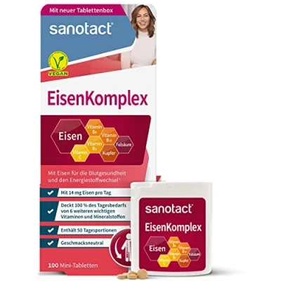 Obrázek sanotact Komplex železa (100 mini tablet) S 14 mg ve vysokých dávkách, měď, kyselina listová, vitamin C, B2, B6, B12 Okamžitý účinek při nedostatku Železo pro tvorbu krve 100%