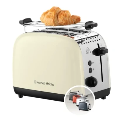 Obrázek Russell Hobbs Toustovač [pro 2 plátky] Colours Plus krém z ušlechtilé oceli (extra široké štěrbiny na toasty, vč. nástavce pečivo, 6 stupňů opečení + funkce rozmrazování, Lift &amp; Look, 1600