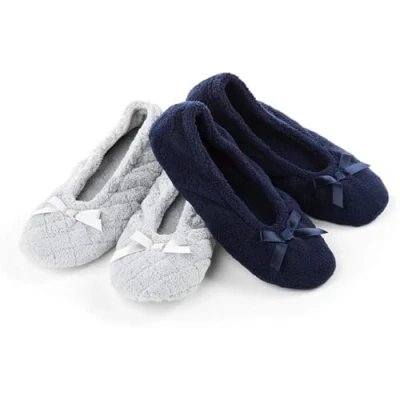 Obrázek isotoner Damen 2er Pack Mictroterry Ballerina Slipper mit Satinschleife, Hellgrau, gesteppt, marineblau, einfarbig, 38/39 EU