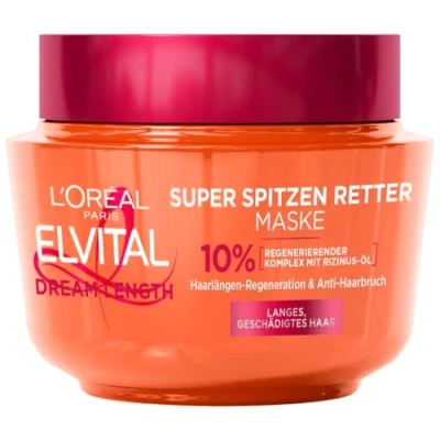 Obrázek L&#039;Oréal Paris Elvital Anti Spliss vlasová maska pro dlouhé, poškozené vlasy, intenzivní kúra na oplachování, s rostlinnými vitamíny a ricinovým olejem, Dream Length Super Aufbau Maska, 1 x 300