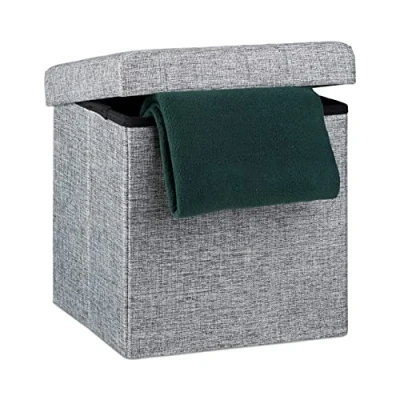 Obrázek Relaxdays Skládací taburet, sedací kostka jako podnožka, ze lnu, víko na hubnutí, 38 x cm, šedá
