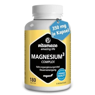 Obrázek komplex hořčíku s vysokým dávkováním, 350 mg elementárního 24hodinovým depotním účinkem, 180 veganských tablet, oxid uhličitý citronanu hořečnatého bez přísad, Made in Germany