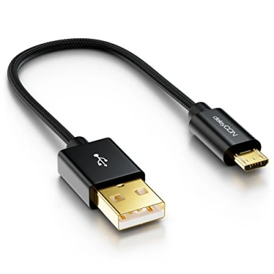 Obrázek deleyCON Micro USB kabel 0,15 m nylon + kovová zástrčka nabíjecí datový Rychlonabíječka Smartphone Tablet PC Laptop Notebook černý