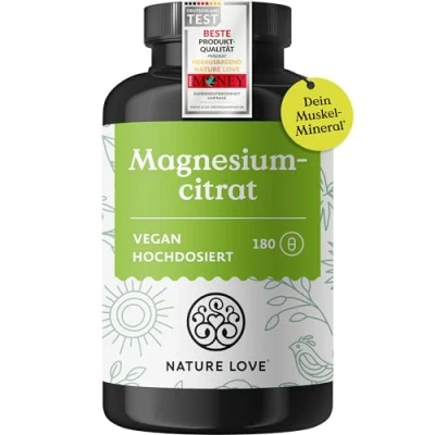 Obrázek NATURE LOVE® citrát hořečnatý 2 320 mg (z toho 360 elementární hořčík) 180 kapslí vysoce dávkované, laboratorně testováno, bez přísad, veganské a vyrobeno v Německu