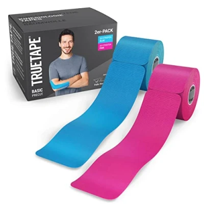 Obrázek TRUETAPE® Kineziotape BASIC Precut 2 x 20 proužků (25 cm 5 cm) předem nařezané kineziopásky vodotěsné &amp; elastické fyziotape pro všední den a sport modrá růžová