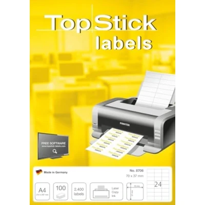 Obrázek TopStick 8706 adresní štítky, 100 listů, 70 x 37 mm, 24 na arch A4, 2400 kusů, samolepicí, potisknutelné, matné, prázdné papírové nálepky adresu, bílé