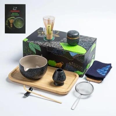 Obrázek TEANAGOO Matcha čajová sada s podnosem, japonská miska Bambus metlička na sníh naběračka smetáček sníh, O1, Charcoal Grey