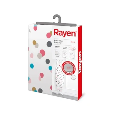 Obrázek Rayen Univerzální kryt žehlicího prkna Nastavení potahu EasyClip 2 vrstvy: pěnová hmota a 100% bavlněná tkanina řada Basic Plus Rozměry: 130 x 47 cm Tlumící