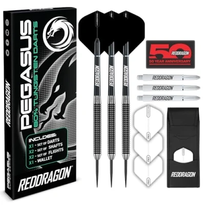 Obrázek RED DRAGON Pegasus profesionální sada wolframových steeltipů, k dostání v 21, 23, 24, 25, 26, 28, 30 gramů, s letkami, násadkami (dříky) a taškou (černá 21G, 1)