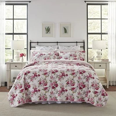 Obrázek Laura Ashley Sada ložního prádla Lidia Collection, 100% bavlna, oboustranná, lehká a prodyšná, předepraná pro dodatečnou měkkost, postel Queen Size, růžová