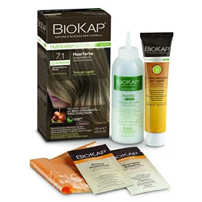 Obrázek BIOKAP RAPID permanentní barva na vlasy 7.1 švédská blond POUZE 10 minut působení bio arganový olej TricoREPAIR komplex VEGAN optimální zakrytí šedin až 80 % přírodních složek