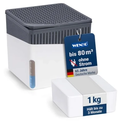 Obrázek WENKO odvlhčovač do místnosti Cube, 1000 g, bílá, vzduchu, snižuje plísně a pachy, odkapávací miska, plnitelný, zvlhčovač vzduchu bez proudu