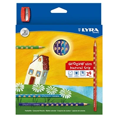 Obrázek LYRA Groove Slim, dřevěné pastelky, trojstranné, lakované, náplň 3,3 mm, kartonové pouzdro, tříděné barvy, se ořezávátkem, 24 kusů