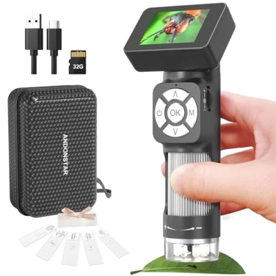 Obrázek Andonstar AD112 Tragbares Taschenmikroskop Set für Kinder und Erwachsene mit 2 Zoll LCD Bildschirm, Mini Hand Digitalmikroskop 500 fach 8 einstellbaren LED Leuchten, Windows PC kompatibel