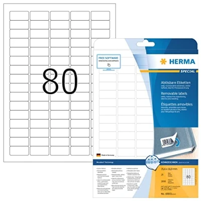 Obrázek HERMA 10003 univerzální etikety odstranitelné, 25 listů, 35,6 x 16,9 mm, 80 na arch A4, 2000 kusů, samolepicí, potisknutelné, matné, prázdné papírové lepicí samolepky, bílé