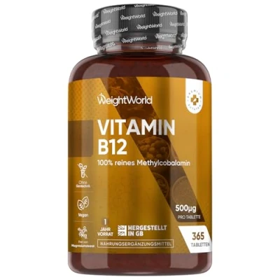 Obrázek Vitamín B12 500µg tablety 365 veganských kousků zásoba 1 rok pro nervové funkce, metabolismus energie, imunitní systém (EFSA) čistý methylkobalamin veganský a vegetariánský WeightWorld