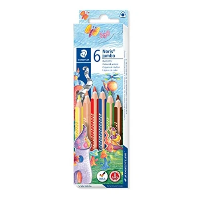 Obrázek STAEDTLER Pastelka Noris jumbo, zvýšená odolnost proti zlomení, trojhranný tvar, systém ABS, atraktivní hvězdičkové ražení, vhodné pro děti podle EN71, Made in Germany, 6 pastelek v kartonovém