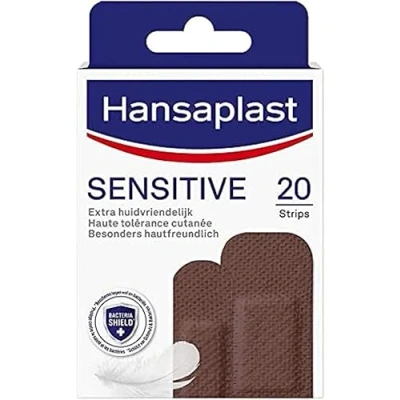 Obrázek Hansaplast Citlivá náplast na pleť tmavá (20 proužků), šetrná k pokožce a hypoalergenní náplasti rány s Bacteria Shield bezpečnou přilnavostí, bezbolestně odstranitelné