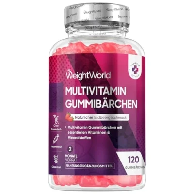 Obrázek Multivitamínové gumoví medvídci 120 gumiček se 13 vitamíny a minerálními látkami pro dospělé s jódem, vitaminem C, A, D3, E, B9, B5, biotin, zinkem přírodními přísadami příchutí jahod