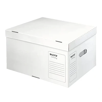Obrázek Leitz Infinity Archiv Container, velikost L, krabice pro archivní box A4 5 x 80 mm/4 100 mm, přepravní s víkem nahoře, skládací kartonové balení, 100% nekyselá vlnitá lepenka, 20 kusů, bílý,