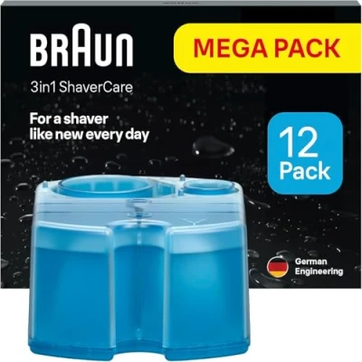 Obrázek Braun Čisticí kazety 3 v 1 ShaverCare pro čisticí stanice, čistí holicí strojky 10x lépe než voda, originální kartuše, hygienické čištění, odstraňuje vlasy a částečky pokožky, balení 12 ks