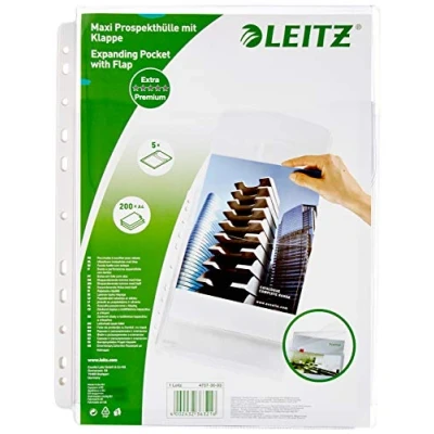 Obrázek Leitz Sada pouzder na prospekty Maxi s klapkami, 5 kusů, formát A4, roztažitelné, kapacita 200 listů, 0,17 mm tvrdá PVC fólie, 47573003