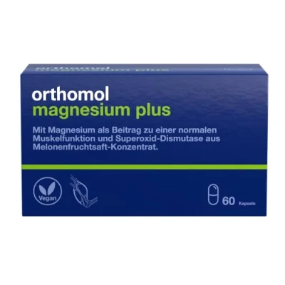 Obrázek Orthomol Hořčík Plus pro normální svalovou funkci s 150 mg hořčíku v jedné kapsli a dismutázy superoxidu z koncentrátu ovocné šťávy melounu, 60 ks kapslí