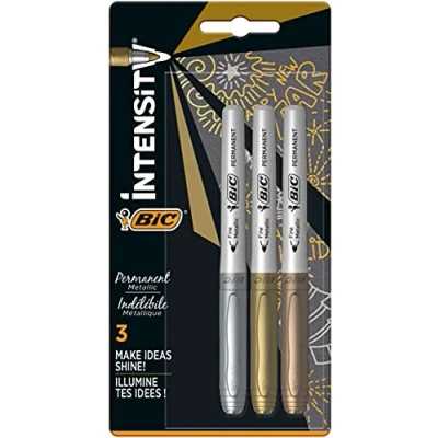 Obrázek BIC Intensity Marker, in 3 verschiedenen Metallicfarben, Strichstärke: 0.8 mm, mit komfortablem Gummigriff und Austrocknungsschutz, gold/silber/bronze