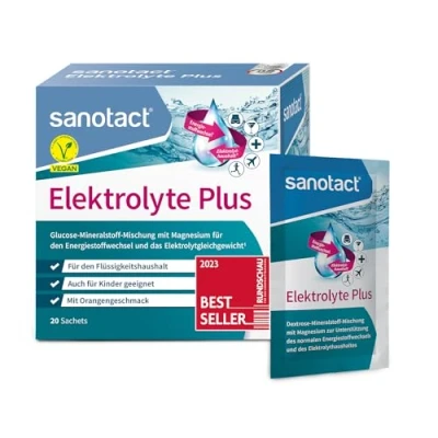 Obrázek sanotact Elektrolyty Plus (20 sáčků) elektrolytový prášek pro rovnováhu tekutin Draslík a hořčík elektrolytovou 100% veganský Recovery nápoj s pomerančovou příchutí