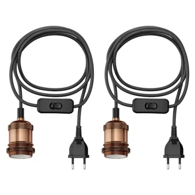 Obrázek ledscom.de 2 kusy textilního kabelu RETRA, zástrčka, spínač, bronz, 3 m, objímka žárovky, 1x E27 max. 60 W