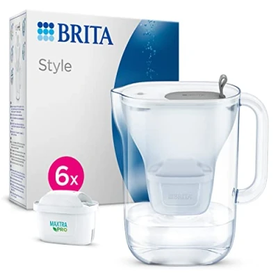 Obrázek BRITA Wasserfilter Kanne Style hellgrau (2,4l) inkl. 6X MAXTRA PRO All in 1 Kartusche im modernen Design für den Kühlschrank zur Reduzierung von Kalk, Chlor, Metalle wie Blei &amp; Kupfer
