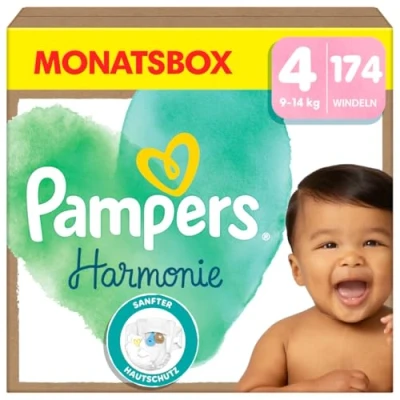 Obrázek Pampers Dětské plenky velikost 4 (9 14 kg) Harmonie, měsíční box, jemná ochrana pokožky a obsažené látky na bázi rostlin, 174 kusů