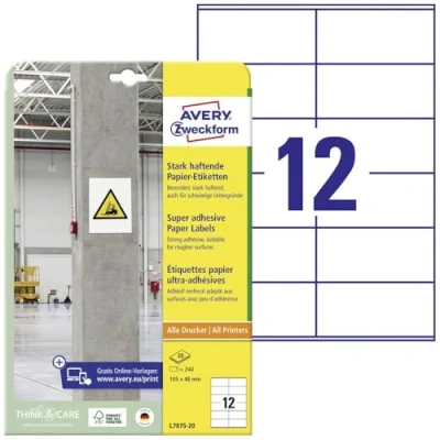 Obrázek AVERY Zweckform L7875 20 silně přilnavé etikety (240 nálepek, 105 x 48 mm na A4, extrémně samolepicí, také pro obtížné povrchy, potištěné Power lepicí etikety) listů, bílé