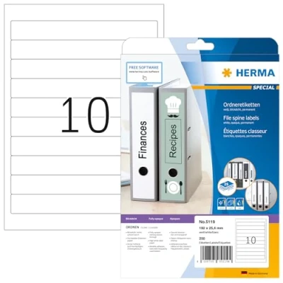 Obrázek HERMA 5119 Etikety na hřbety pořadačů krátké, 25 listů, 192 x 25,4 mm, 10 arch A4, 250 kusů, samolepicí, potisknutelné, neprůhledné, prázdné papírové štítky pořadače zadní stranu