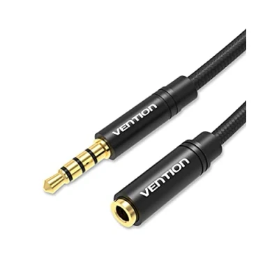 Obrázek VENTION Klinke Verlängerung 1m, AUX Kabel 3,5mm Stereo mit Mikrofon, 4 Polig TRRS (Stecker auf Buchse), robustes Nylonkabel &amp; Goldkontakte für Kopfhörern/TV/Laptop/Smartphones/Media Player/PS5