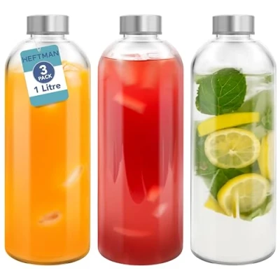 Obrázek HEFTMAN Skleněná láhev na vodu, 1 litr, 3 kusy, prázdné skleněné lahve s víkem, voda, smoothies, láhve šťávu se vzduchotěsnými, nepropustnými víčky z ušlechtilé oceli a čisticí kartáč práci,