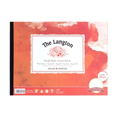 Obrázek Daler Rowney The Langton za horka lisovaný akvarelový papír, 300 g/m², 30,5 x 22,9 cm, jednostranně nalepený, bez kyselin, 12 přirozeně bílých listů, ideální pro profesionální umělce