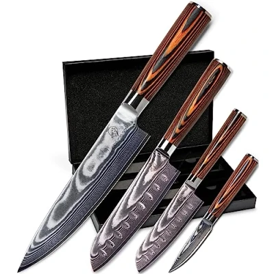Obrázek Wolfblood 4dílná sada damaškových nožů (32, 30, 24 a 20 cm) profesionální damaškové kuchyňské nože z pravé 67 vrstev oceli I Santoku s ochranou čepele