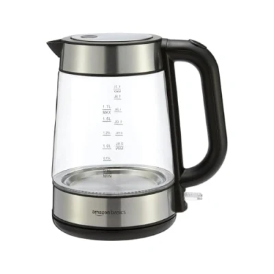 Obrázek Amazon Basics Elektrická rychlovarná konvice ze skla, 1,7 l, 2200 W, černá, stříbrná