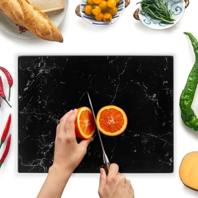 Obrázek Kitchenville Skleněné prkénko 40 x 30 cm hygienické z tvrzeného skla odolné vůči teplu, proti poškrábání a protiskluzové skleněná deska do kuchyně černá mramorový vzhled