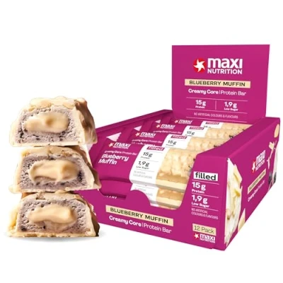 Obrázek MaxiNutrition Creamy Core Bar Blueberry Muffin, 12 x 45 g plněný proteinový tyčinka, 33% obsah bílkovin 15 na tyčinku, low Sugar (1,9 g), bez přidaného cukru, umělých aromat, Born &amp; Developed v