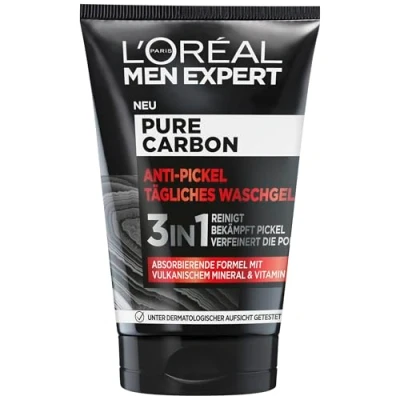 Obrázek L&#039;Oréal Men Expert Čisticí gel proti pupínkům problematické pokožce pro muže, čištění obličeje černým tečkám a nečistotám pupínků, pánský Cleanser na obličej s vitaminem B3, Pure Carbon, 1